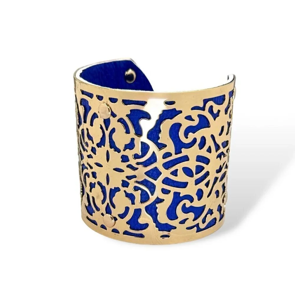 NEW Eye Candy LA Wide Cuff Bracelet Gold-Tone Filigree Overlay Blue Leather